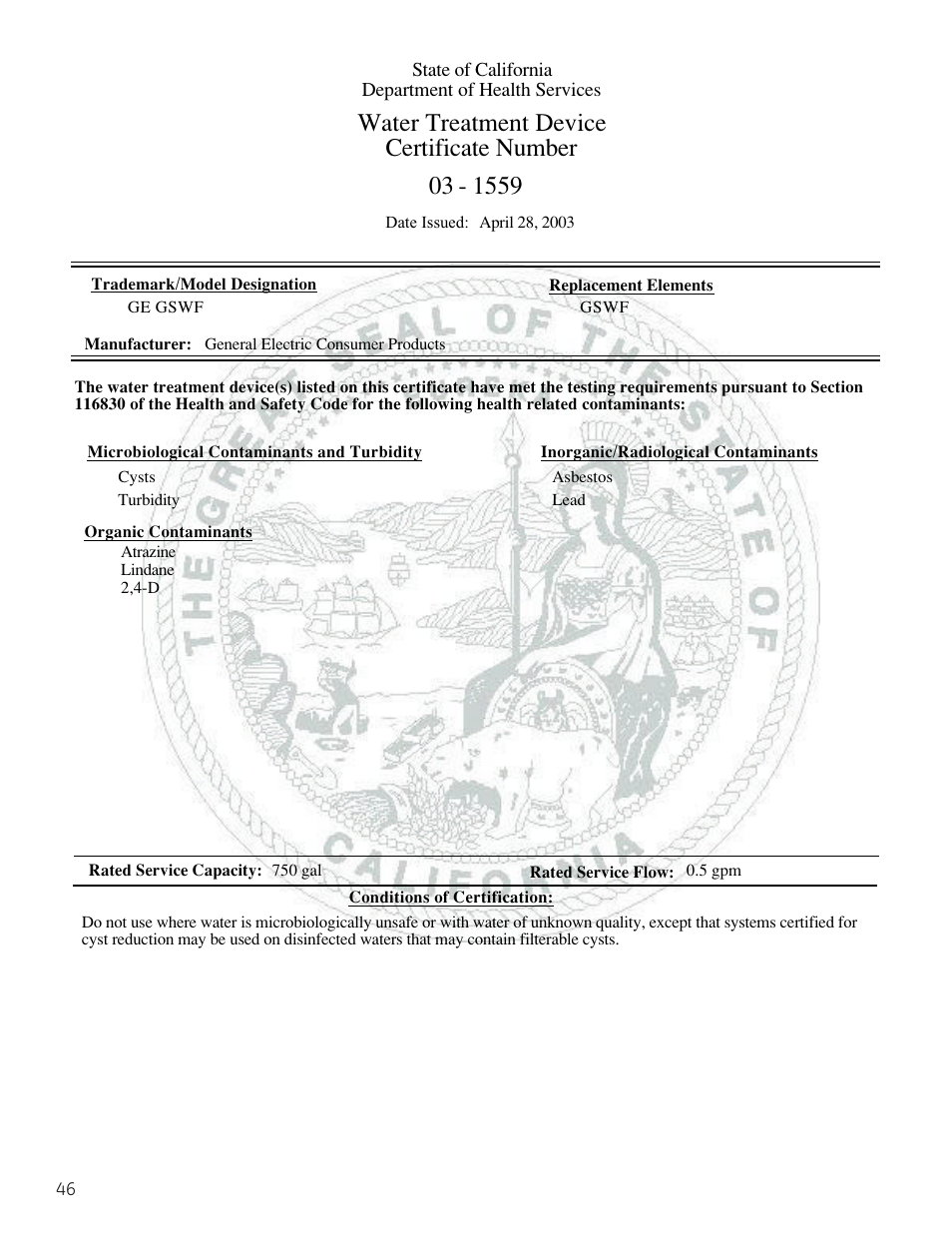 Water treatment device certificate number | GE 225D1804P001 User Manual | Page 46 / 128