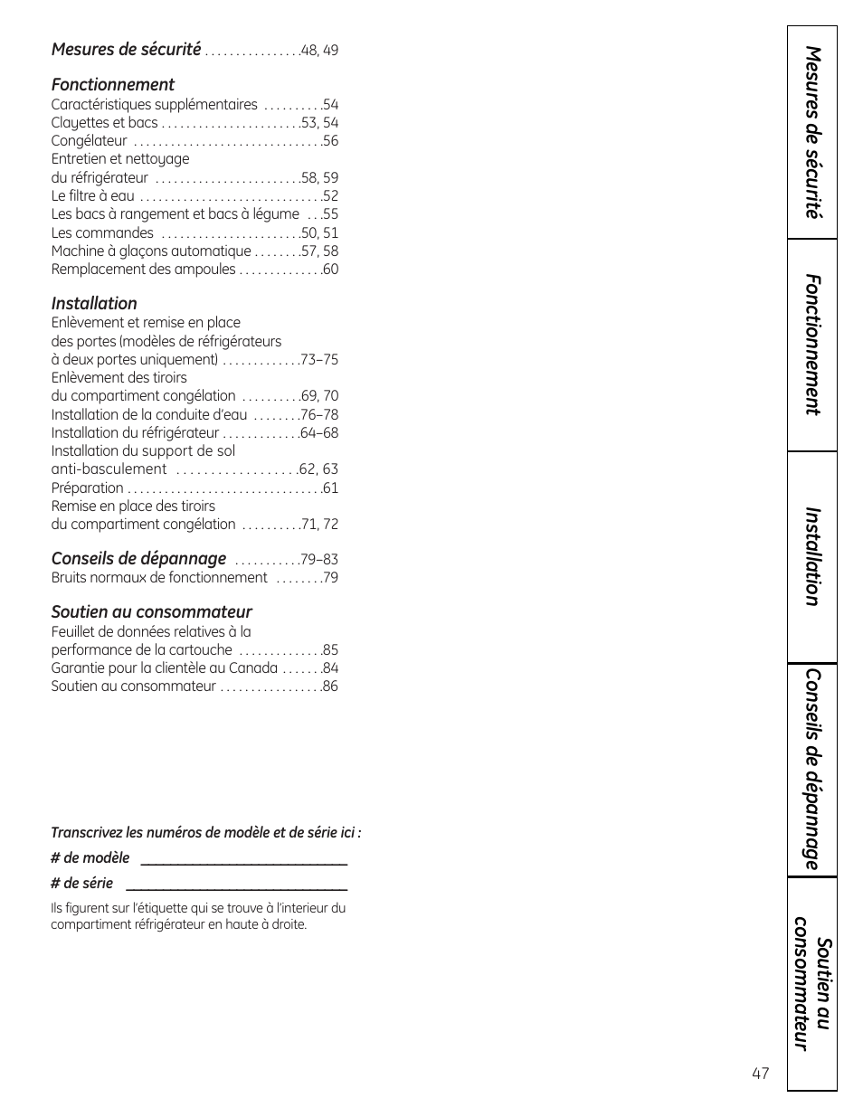 Français, Fonctionnement, Installation | Soutien au consommateur | GE 225D1804P001 User Manual | Page 47 / 128