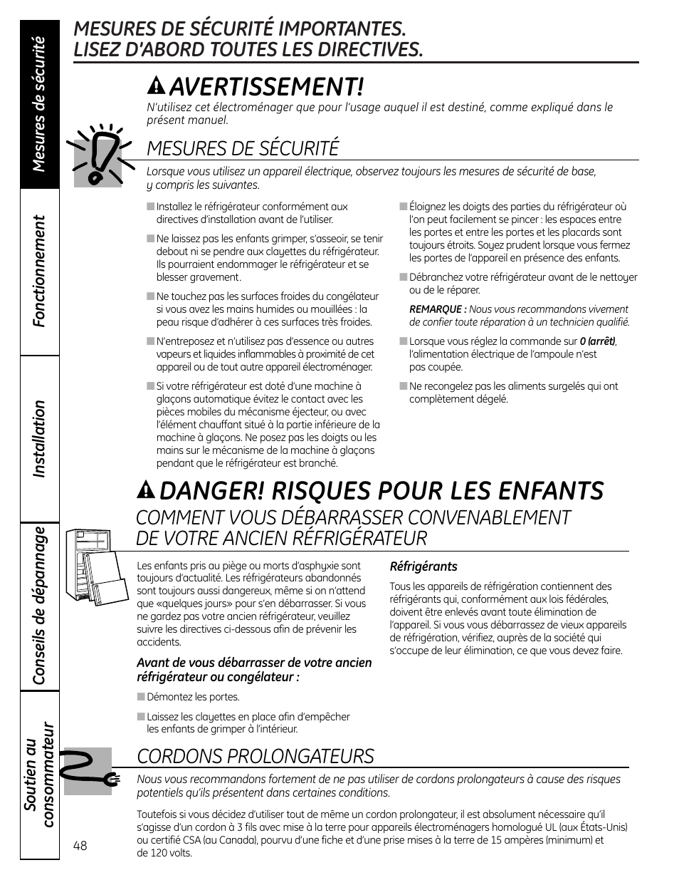 Mesures de sécurité, Avertissement, Danger! risques pour les enfants | Cordons prolongateurs | GE 225D1804P001 User Manual | Page 48 / 128