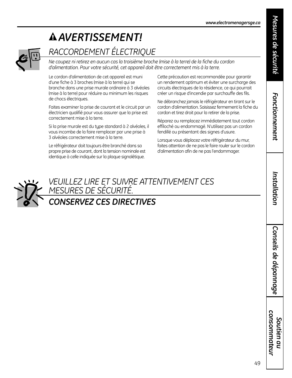 Avertissement, Raccordement électrique | GE 225D1804P001 User Manual | Page 49 / 128