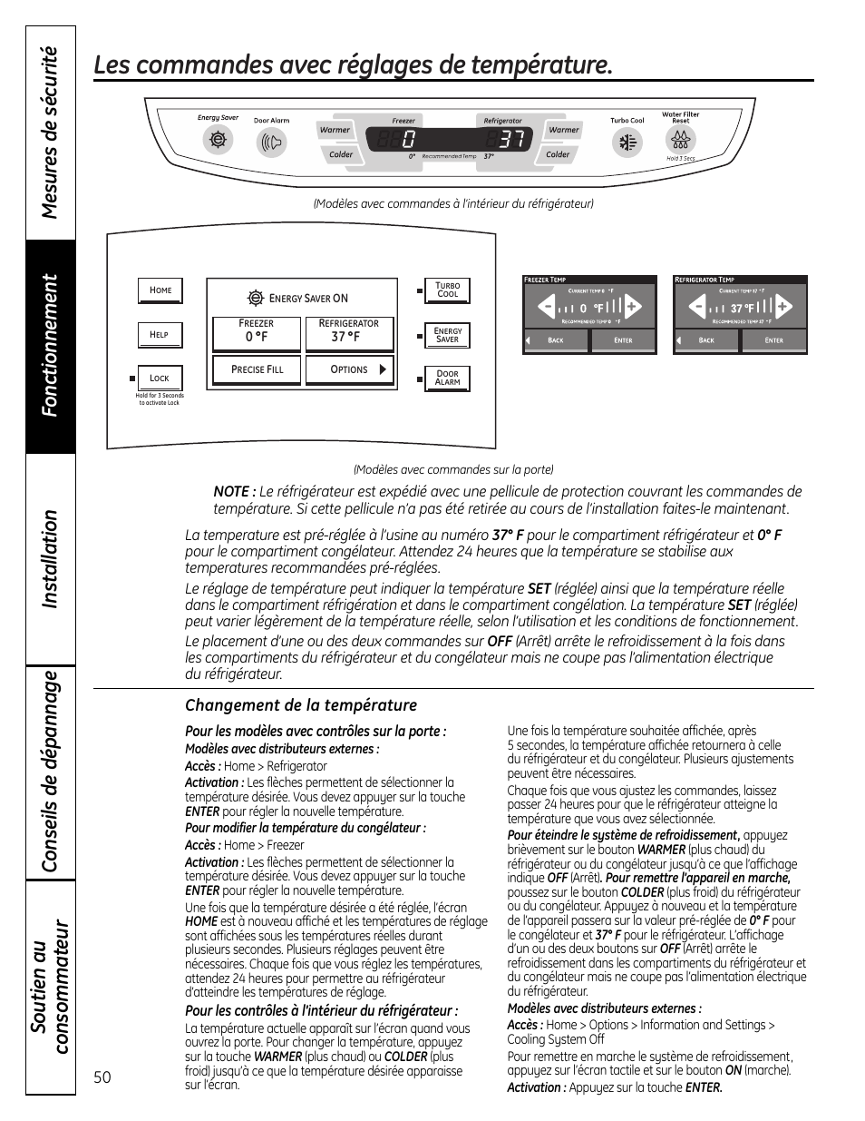 Les commandes, Les commandes , 51, Les commandes avec réglages de température | GE 225D1804P001 User Manual | Page 50 / 128