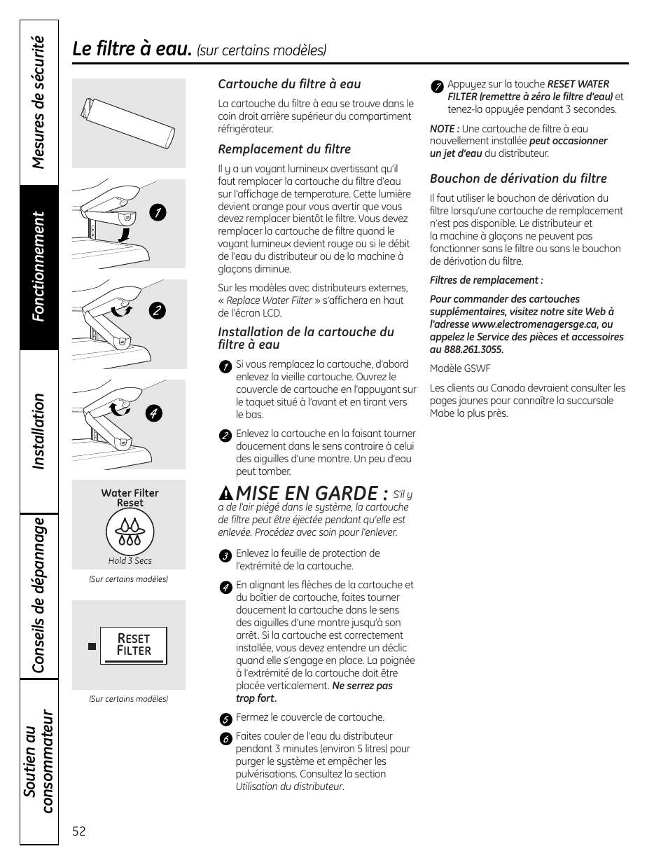 Le filtre à eau, Mise en garde | GE 225D1804P001 User Manual | Page 52 / 128