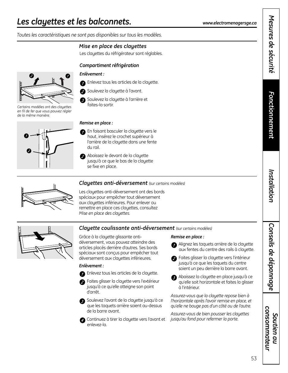 Clayettes et bacs, Clayettes et bacs , 54, Les clayettes et les balconnets | GE 225D1804P001 User Manual | Page 53 / 128