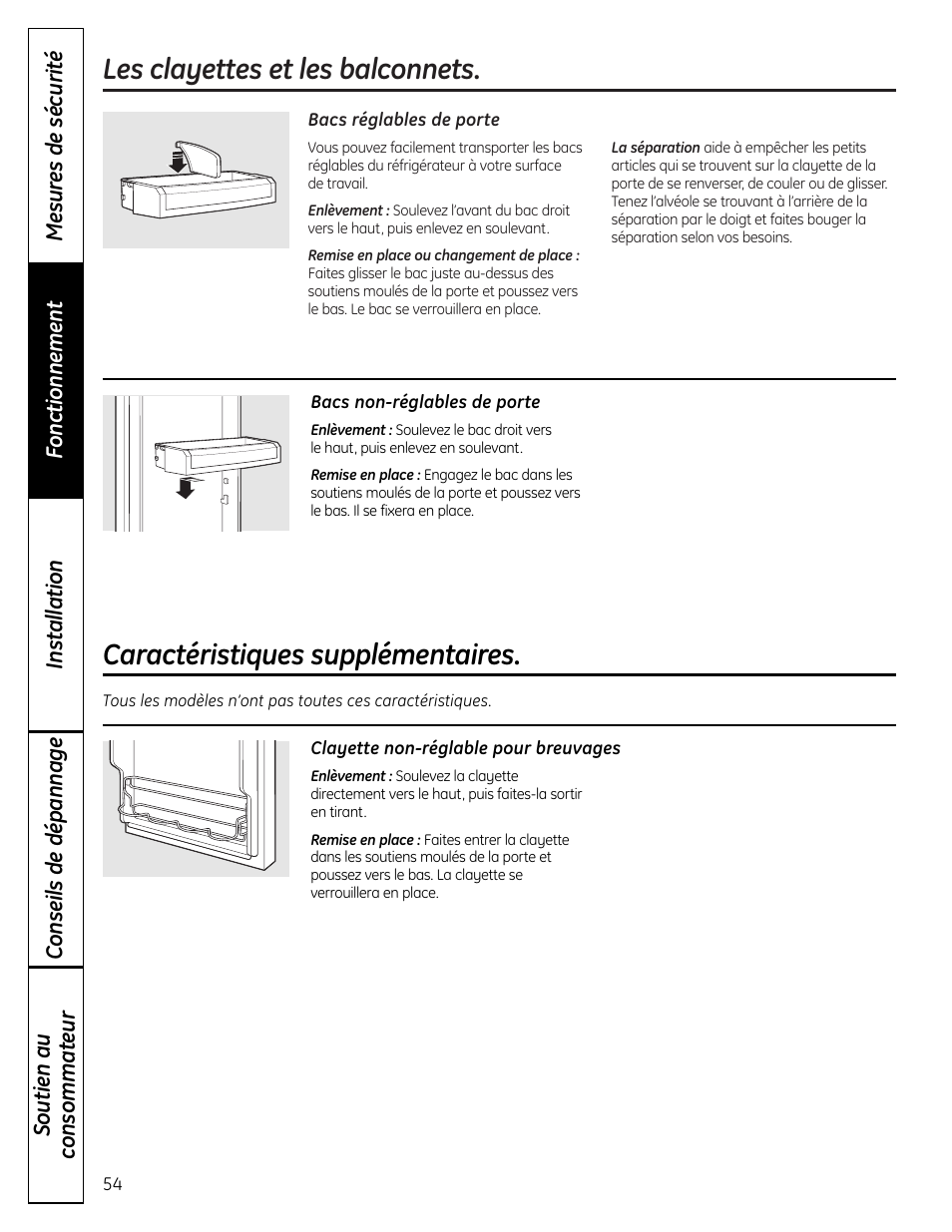 Caractéristiques supplémentaires, Les clayettes et les balconnets | GE 225D1804P001 User Manual | Page 54 / 128