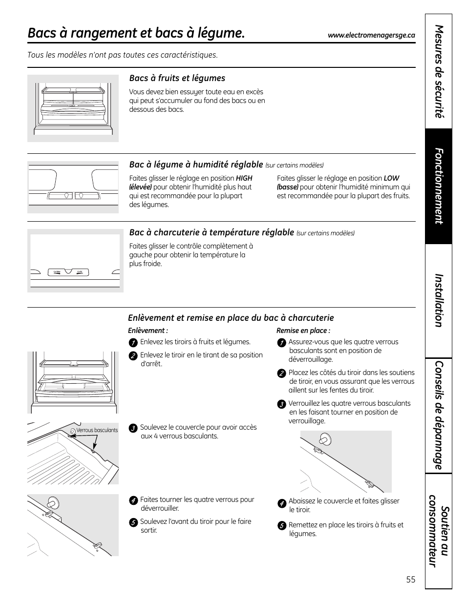 Les bacs à rangement et bacs à légume, Bacs à rangement et bacs à légume | GE 225D1804P001 User Manual | Page 55 / 128