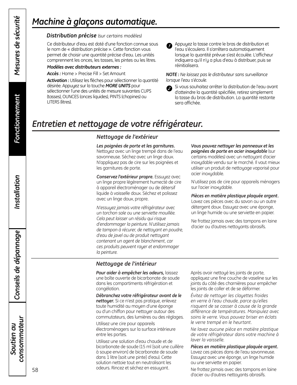 Entretien et nettoyage du réfrigérateur, Entretien et nettoyage du réfrigérateur , 59, Entretien et nettoyage de votre réfrigérateur | Machine à glaçons automatique | GE 225D1804P001 User Manual | Page 58 / 128