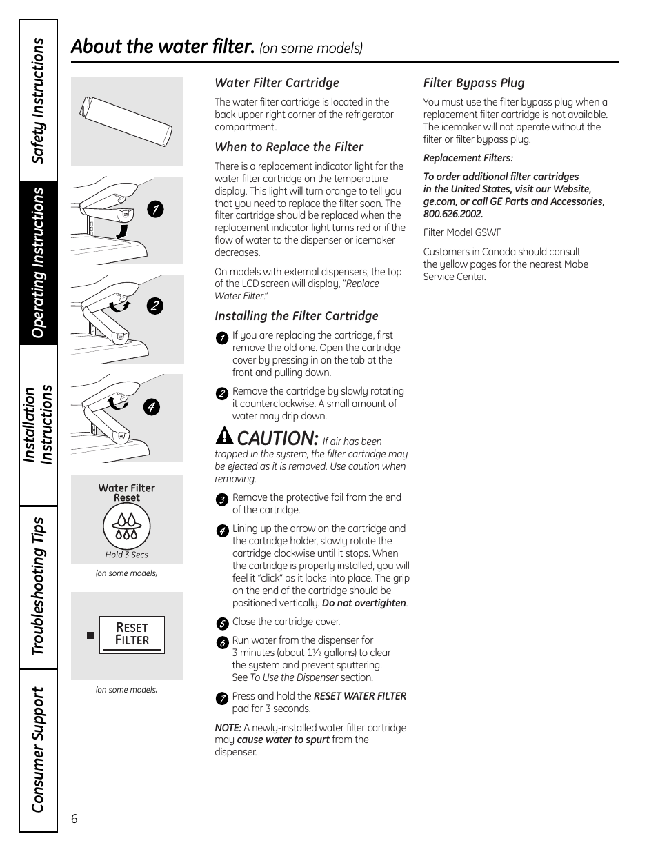 Water filter, Caution, About the water filter | GE 225D1804P001 User Manual | Page 6 / 128