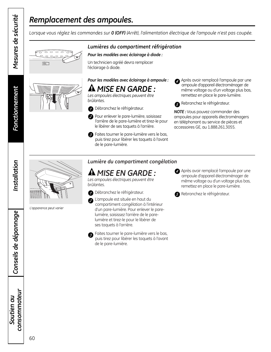 Remplacement des ampoules, Mise en garde | GE 225D1804P001 User Manual | Page 60 / 128