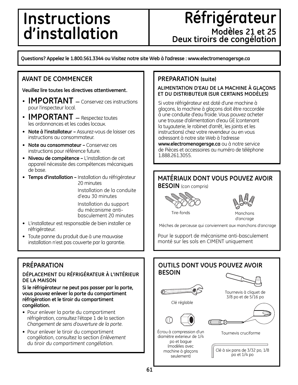 Préparation, Instructions réfrigérateur d’installation, Important | Les 21 et 25 deux tiroirs de congélation | GE 225D1804P001 User Manual | Page 61 / 128