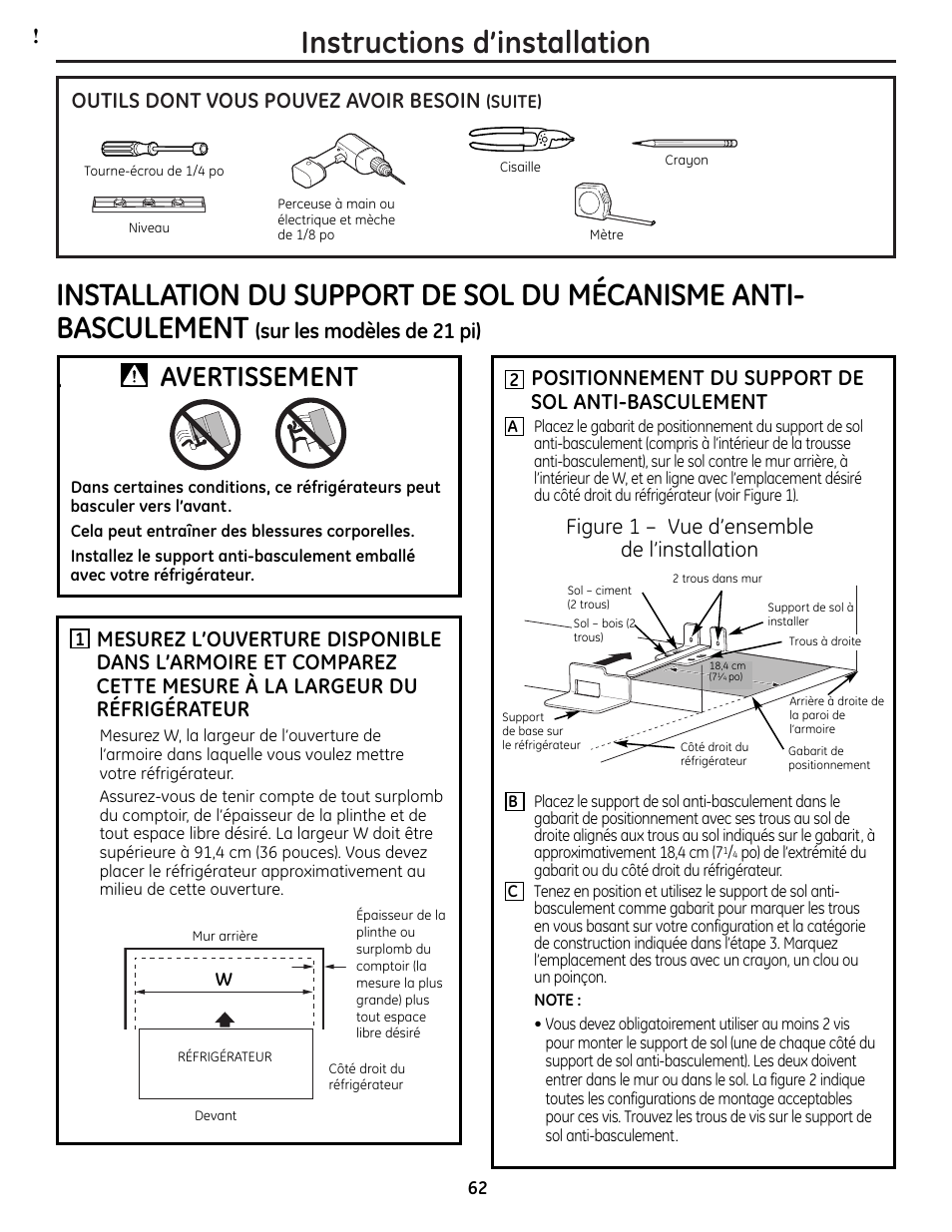 Installation du support de sol anti-basculement, Instructions d’installation, Avertissement | Outils dont vous pouvez avoir besoin, Positionnement du support de sol anti-basculement, Figure 1 – vue d’ensemble de l’installation, Sur les modèles de 21 pi) | GE 225D1804P001 User Manual | Page 62 / 128