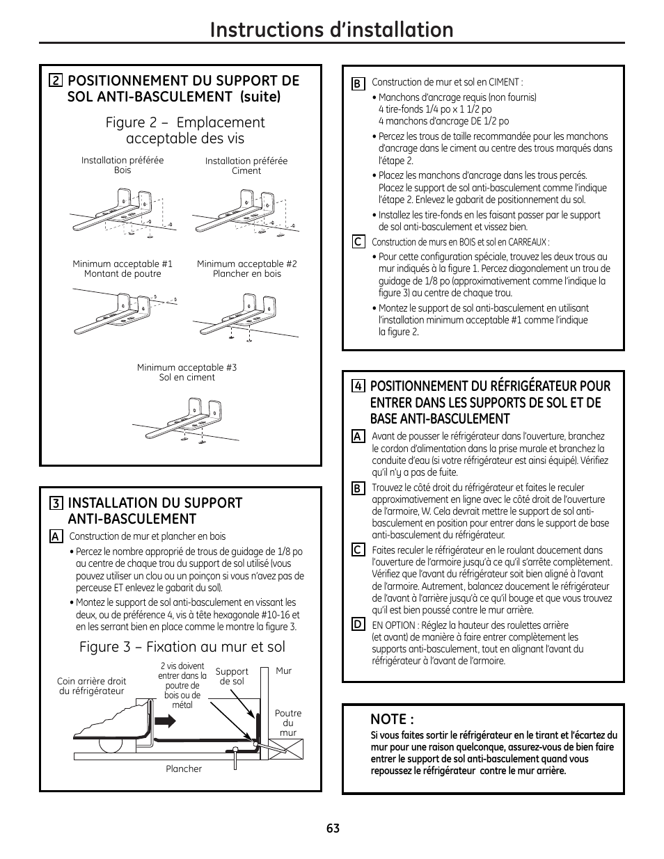 Instructions d’installation, Figure 2 – emplacement acceptable des vis, Installation du support anti-basculement | GE 225D1804P001 User Manual | Page 63 / 128