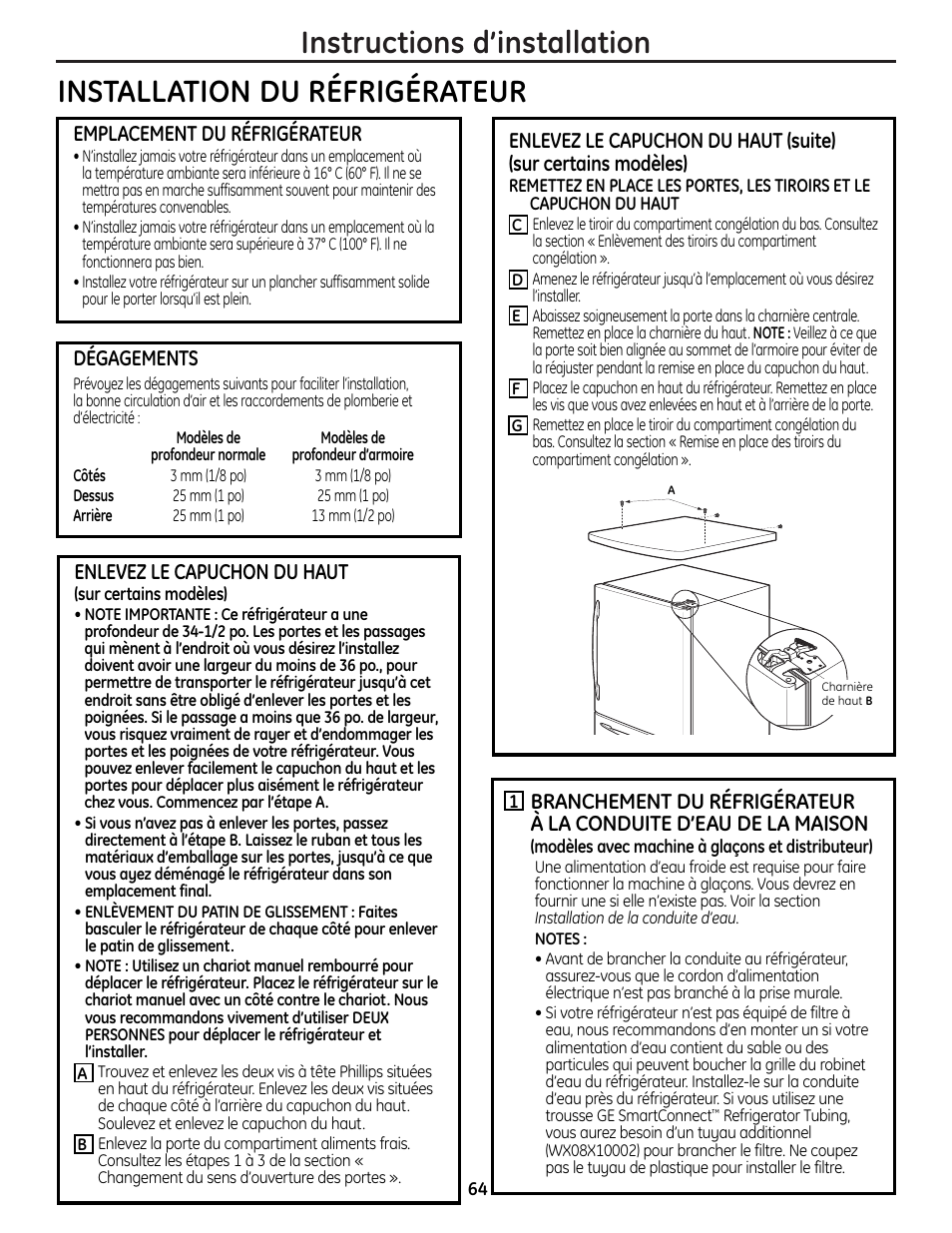 Installation du réfrigérateur, Installation du réfrigérateur –68 | GE 225D1804P001 User Manual | Page 64 / 128