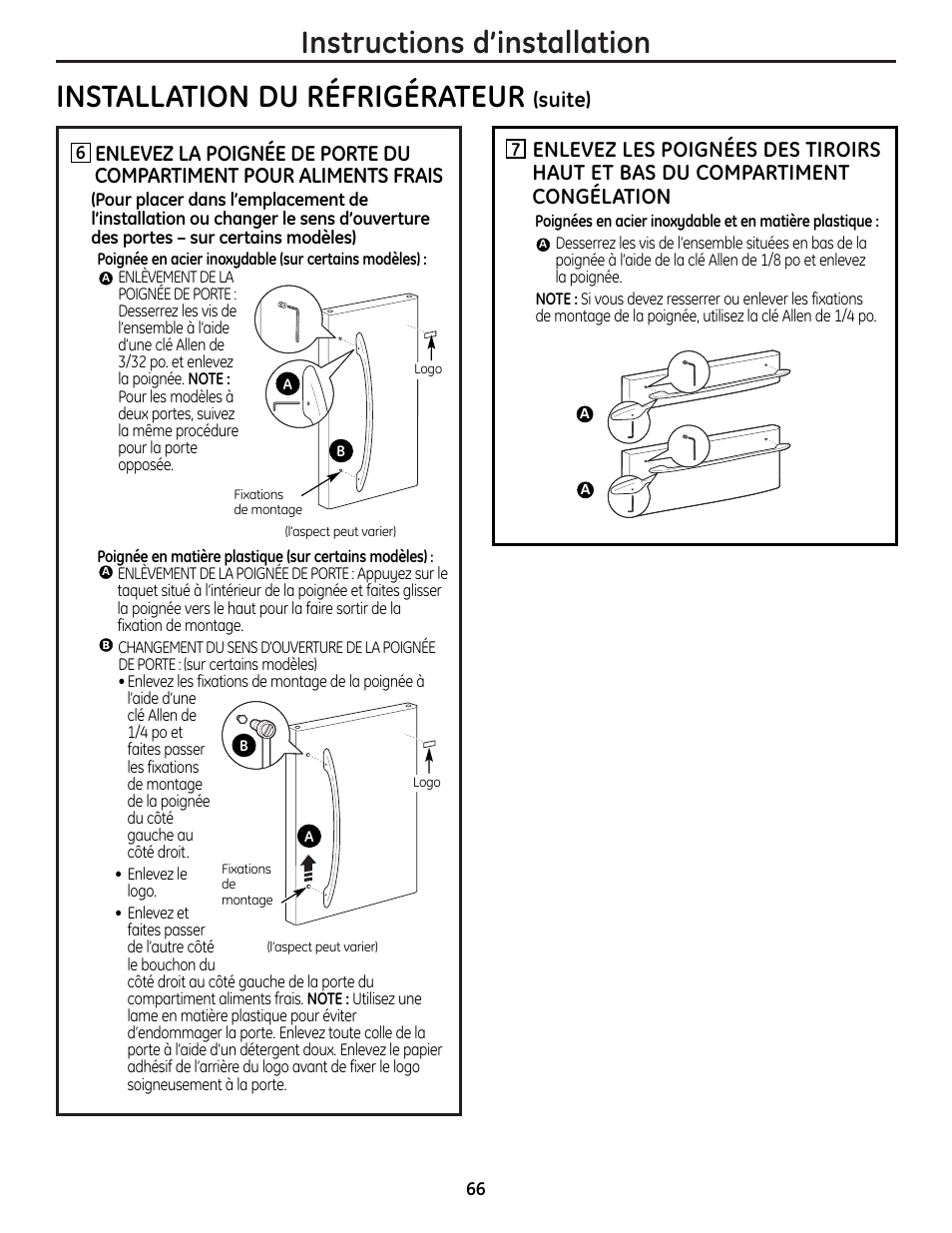 Instructions d’installation, Installation du réfrigérateur, Suite) | GE 225D1804P001 User Manual | Page 66 / 128