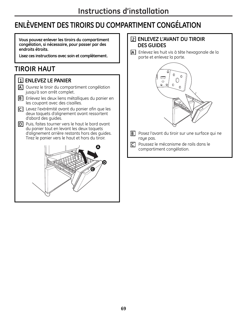 Enlèvement des tiroirs du compartiment congélation, Tiroir haut | GE 225D1804P001 User Manual | Page 69 / 128