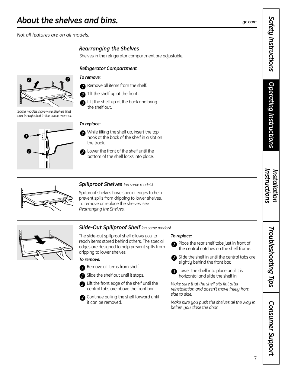 Shelves and bins, Shelves and bins , 8, About the shelves and bins | GE 225D1804P001 User Manual | Page 7 / 128