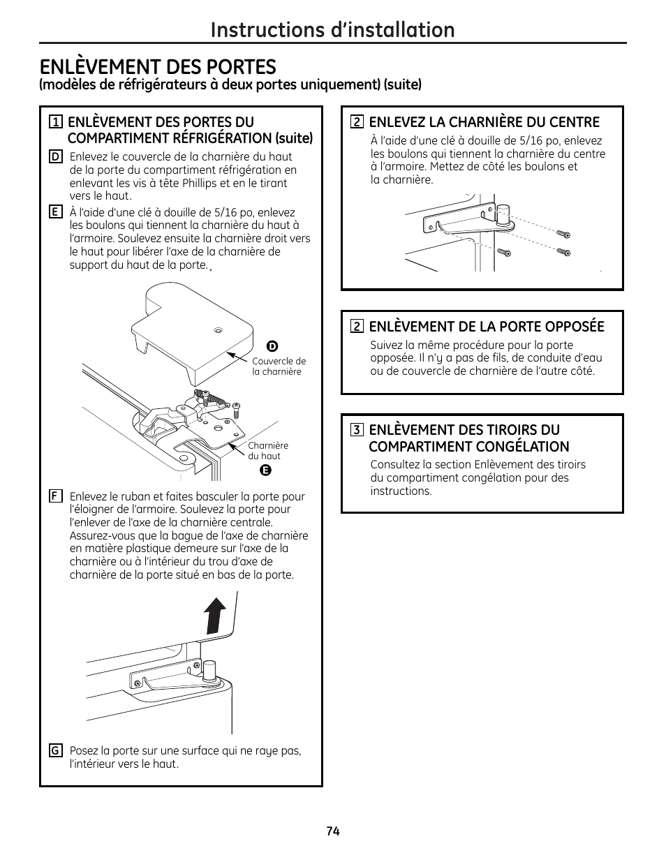 Instructions d’installation, Enlèvement des portes | GE 225D1804P001 User Manual | Page 74 / 128