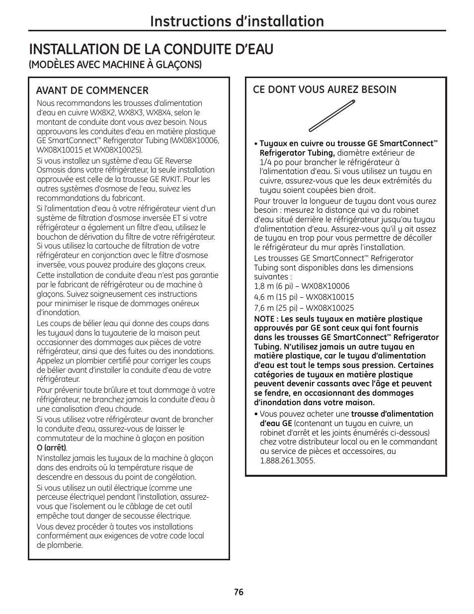 Installation de la conduite d’eau, Installation de la conduite d’eau –78, Instructions d’installation | Modèles avec machine à glaçons), Avant de commencer, Ce dont vous aurez besoin | GE 225D1804P001 User Manual | Page 76 / 128