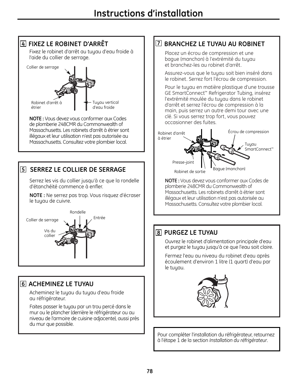 Instructions d’installation, Branchez le tuyau au robinet, Purgez le tuyau | Acheminez le tuyau, Fixez le robinet d’arrêt, Serrez le collier de serrage | GE 225D1804P001 User Manual | Page 78 / 128