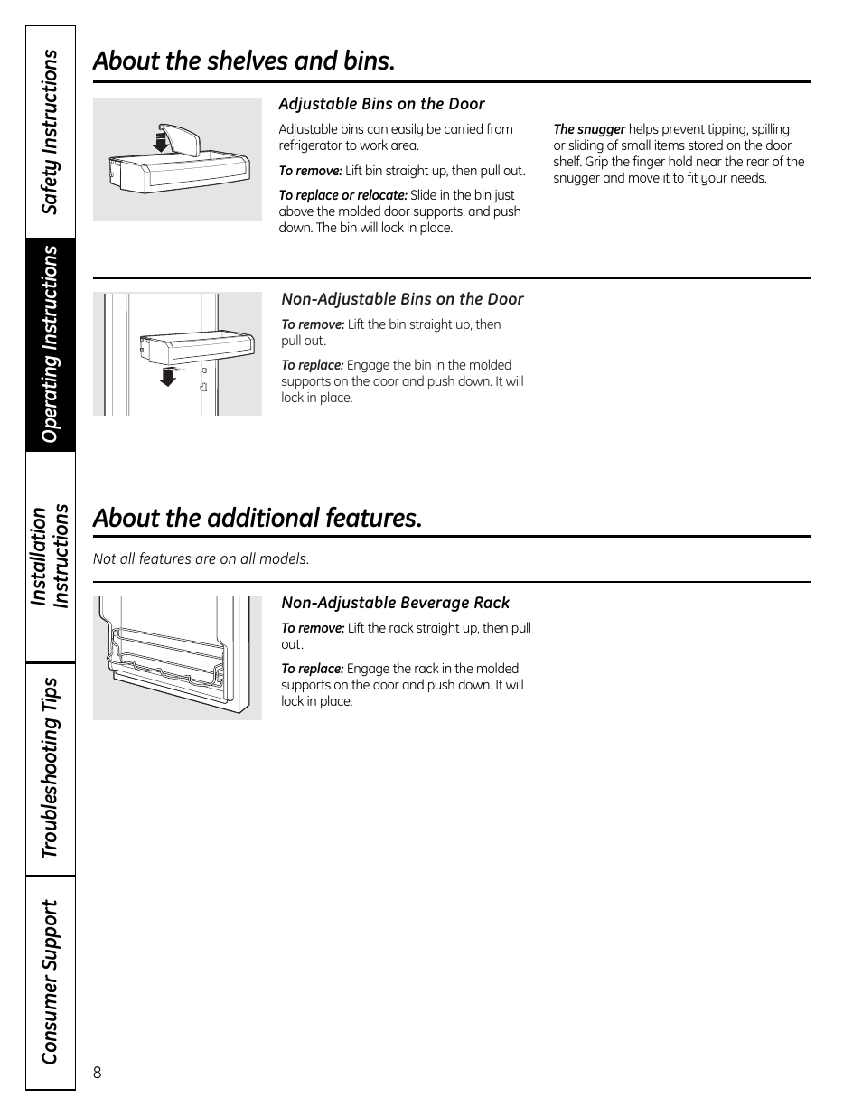 Additional features, About the additional features, About the shelves and bins | GE 225D1804P001 User Manual | Page 8 / 128