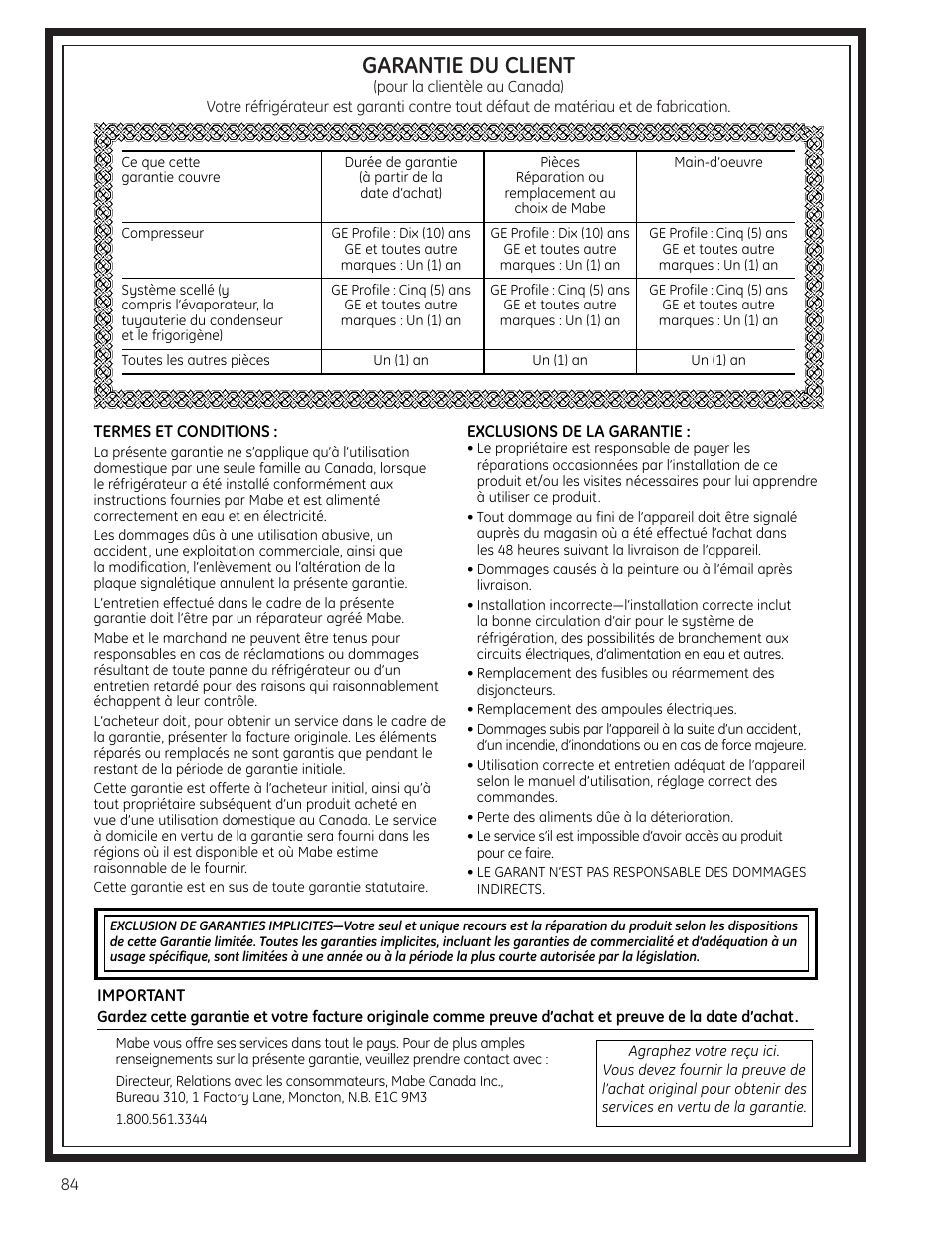 Garantie pour la clientèle au canada, Garantie du client | GE 225D1804P001 User Manual | Page 84 / 128