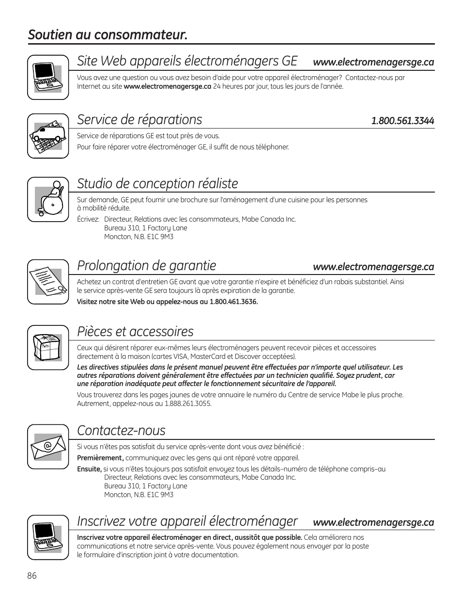 Soutien au consommateur, Service de réparations, Studio de conception réaliste | Prolongation de garantie, Pièces et accessoires, Contactez-nous, Inscrivez votre appareil électroménager | GE 225D1804P001 User Manual | Page 86 / 128