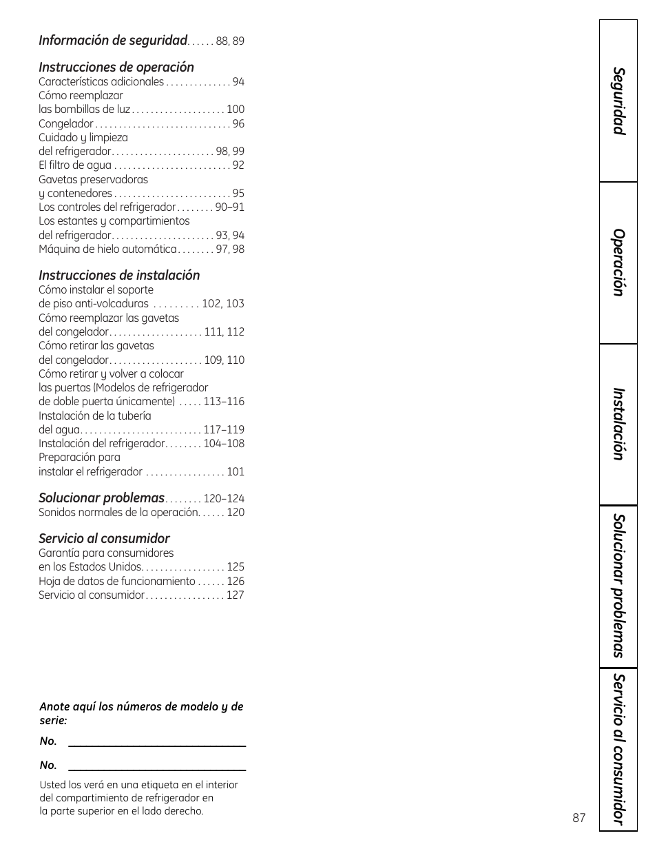 Español, Instrucciones de operación, Instrucciones de instalación | Servicio al consumidor | GE 225D1804P001 User Manual | Page 87 / 128