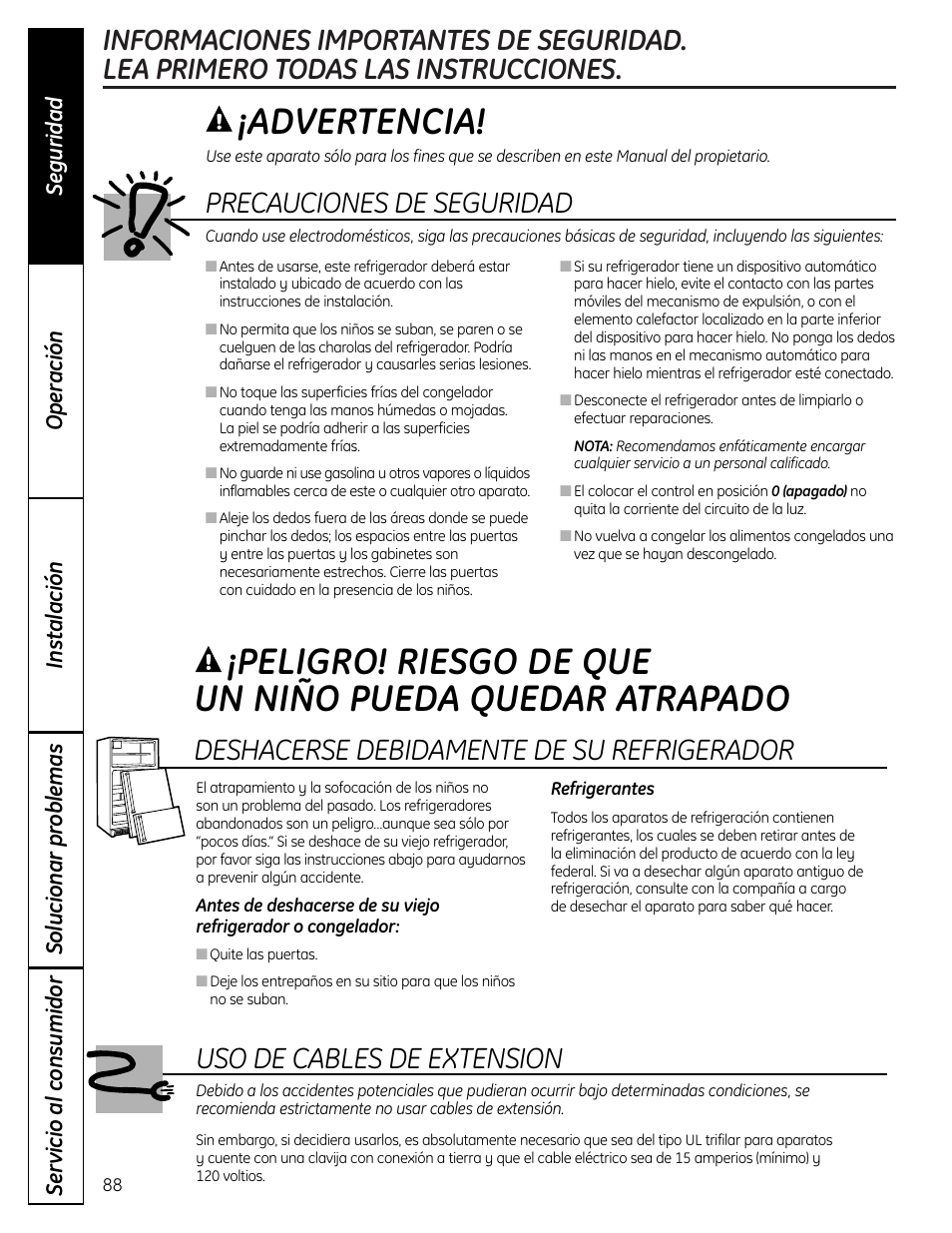 Información de seguridad, Advertencia, Precauciones de seguridad | Deshacerse debidamente de su refrigerador, Uso de cables de extension | GE 225D1804P001 User Manual | Page 88 / 128