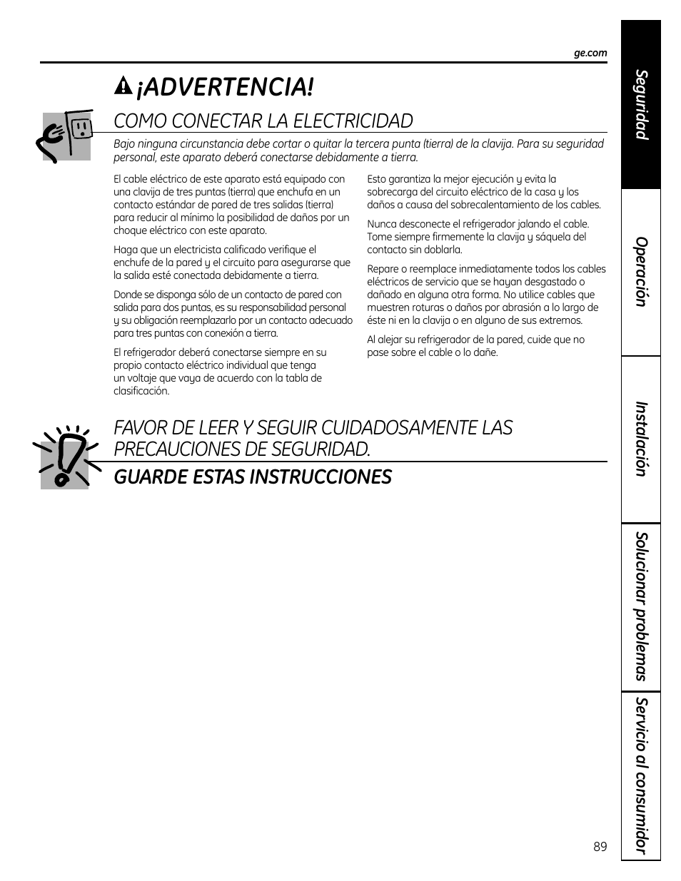 Advertencia, Como conectar la electricidad | GE 225D1804P001 User Manual | Page 89 / 128