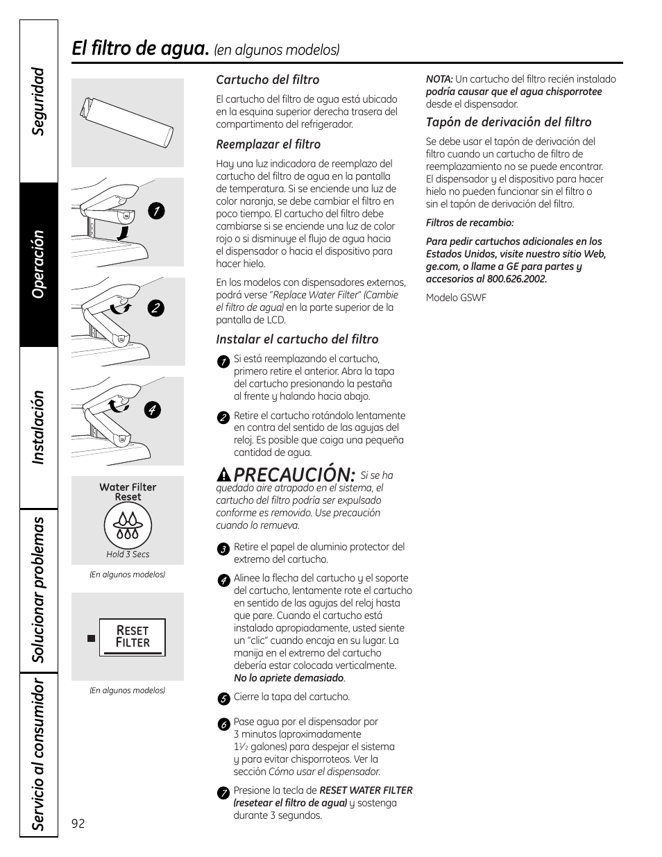 El filtro de agua, Precaución | GE 225D1804P001 User Manual | Page 92 / 128