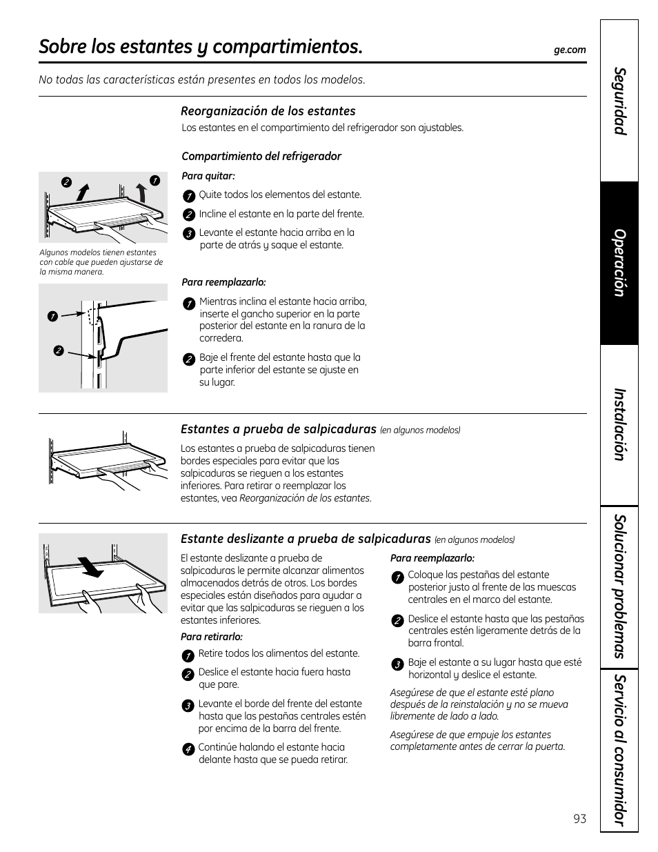 Los estantes y compartimientos del refrigerador, Sobre los estantes y compartimientos | GE 225D1804P001 User Manual | Page 93 / 128