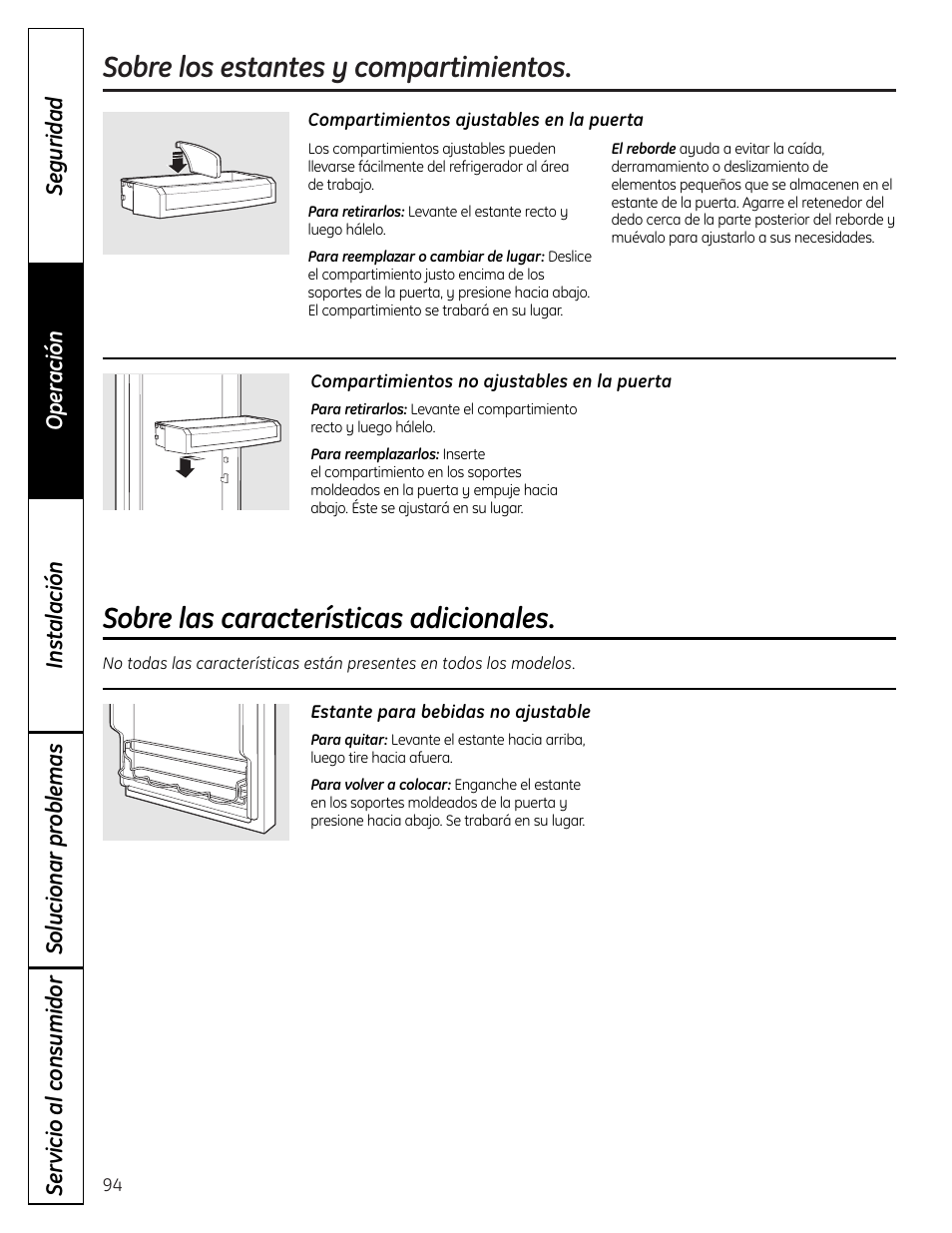 Características adicionales, Sobre los estantes y compartimientos, Sobre las características adicionales | GE 225D1804P001 User Manual | Page 94 / 128