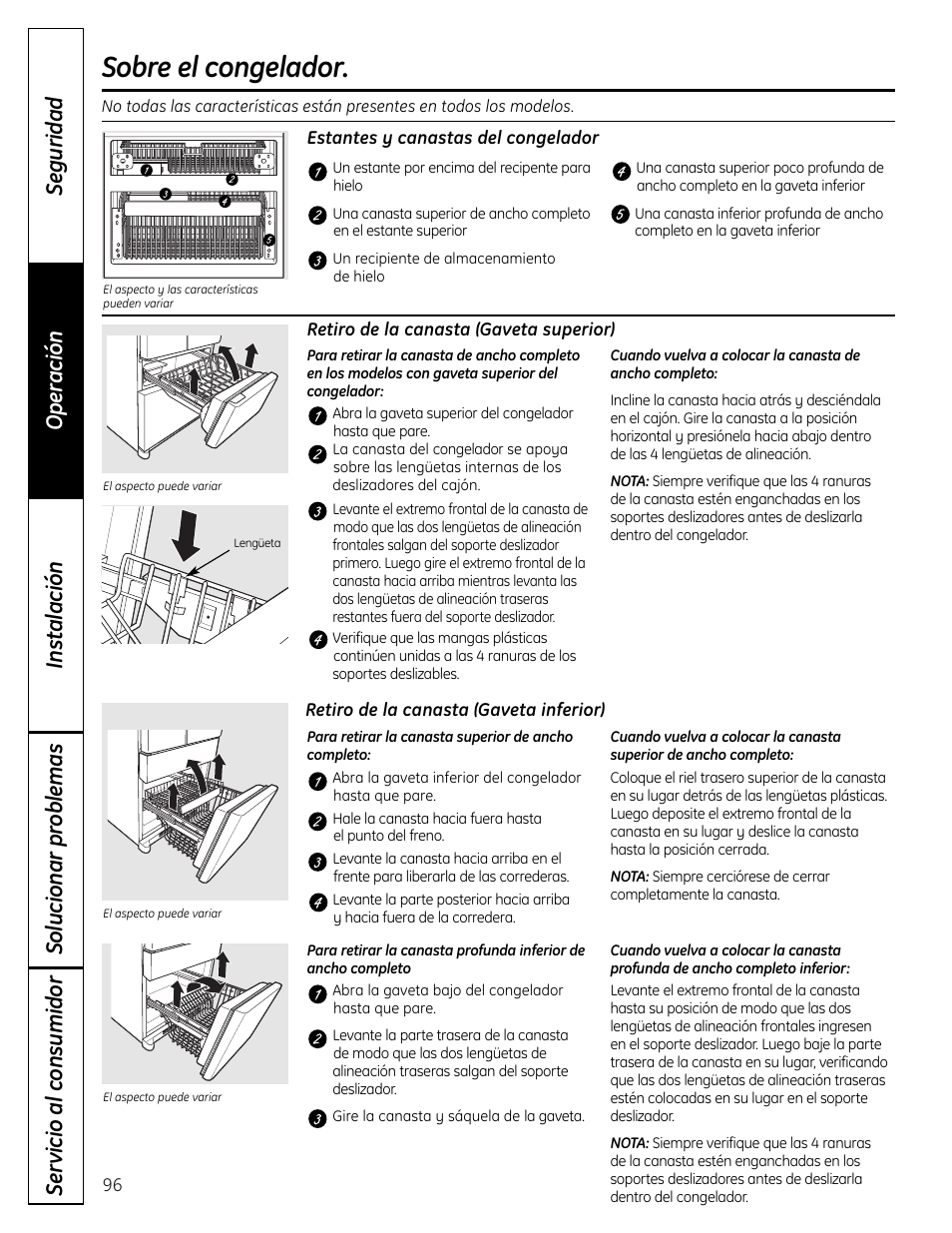 Congelador, Sobre el congelador | GE 225D1804P001 User Manual | Page 96 / 128