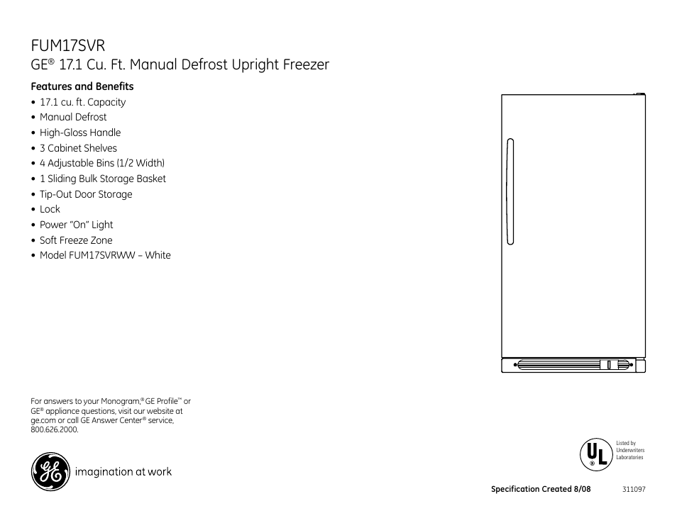 Fum17svr, 1 cu. ft. manual defrost upright freezer, Fum17sv | GE FUM17SVR User Manual | Page 2 / 2