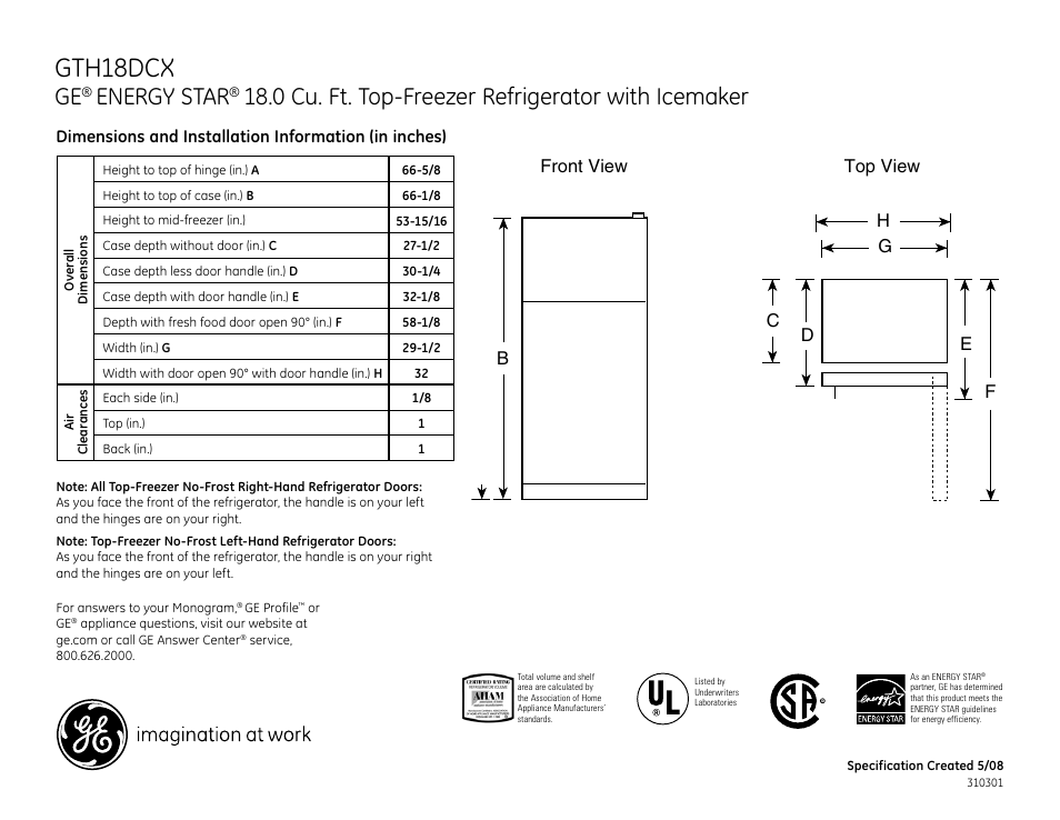 GE Energy Star GTH18DCXBB User Manual | 2 pages