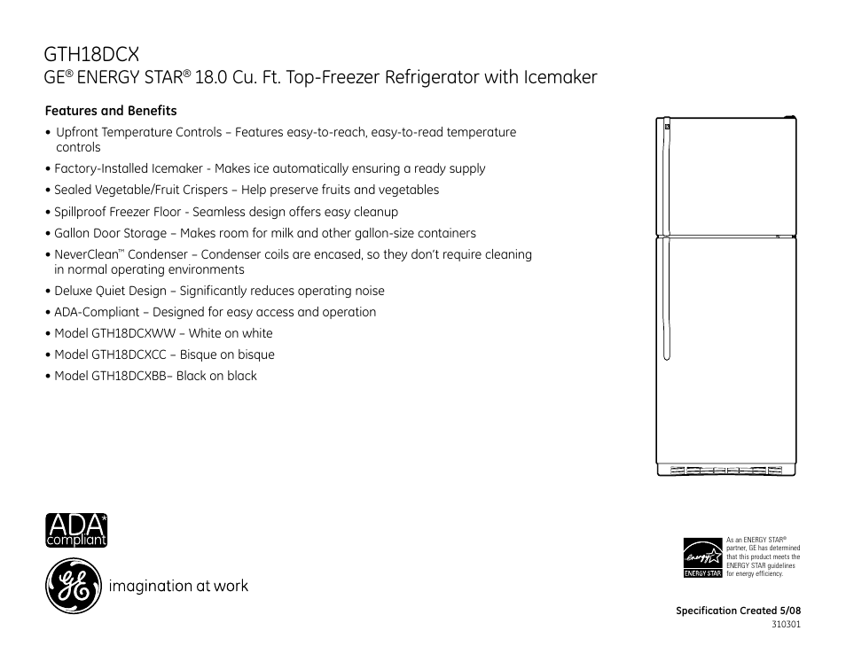 Gth18dcx, Energy star, 0 cu. ft. top-freezer refrigerator with icemaker | GE Energy Star GTH18DCXBB User Manual | Page 2 / 2