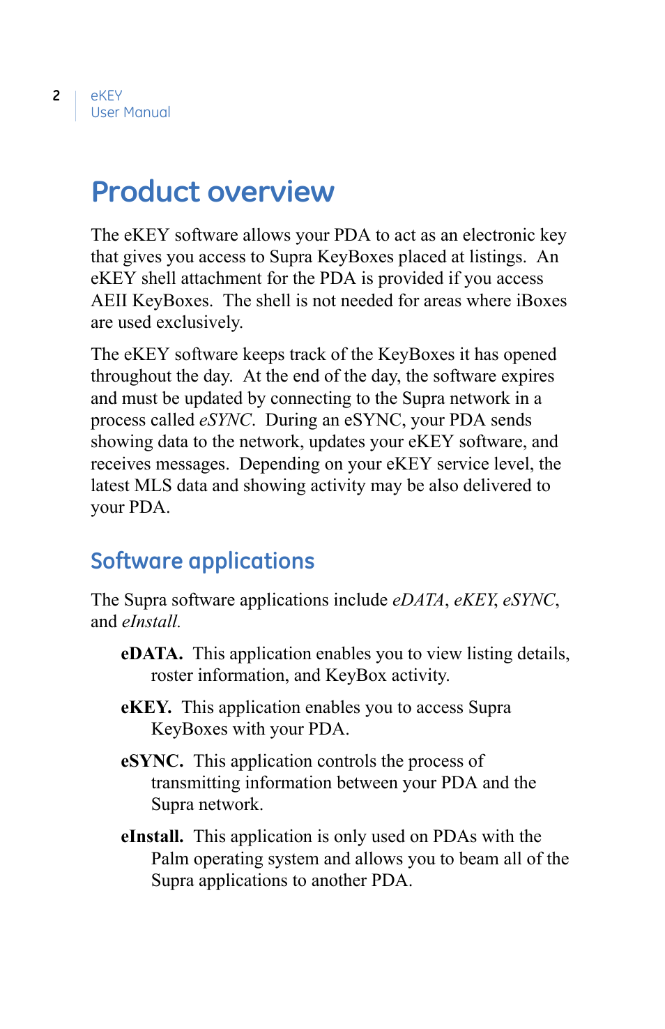 Product overview, Software applications | GE eKEY User Manual | Page 10 / 82