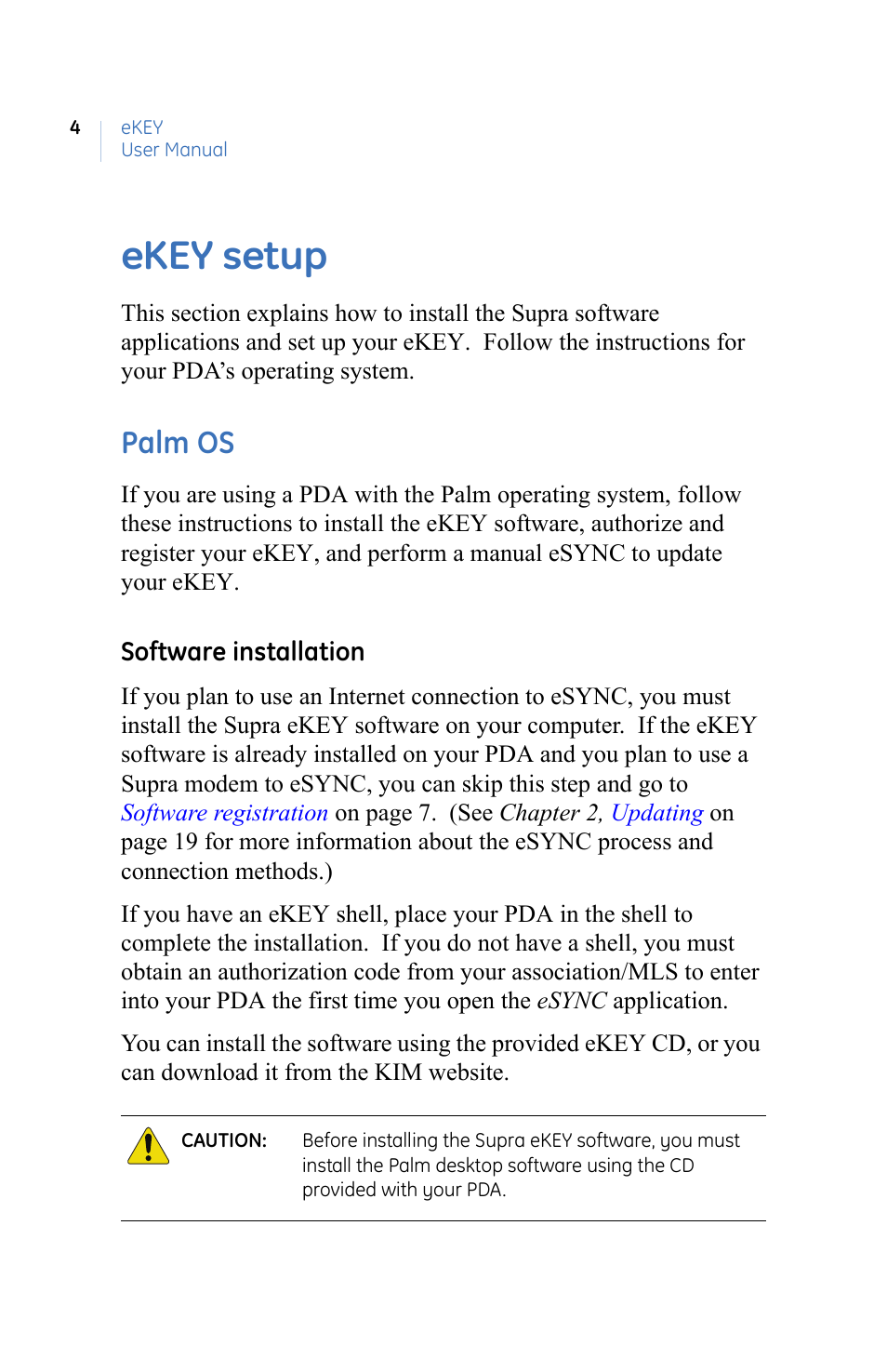 Ekey setup, Palm os | GE eKEY User Manual | Page 12 / 82