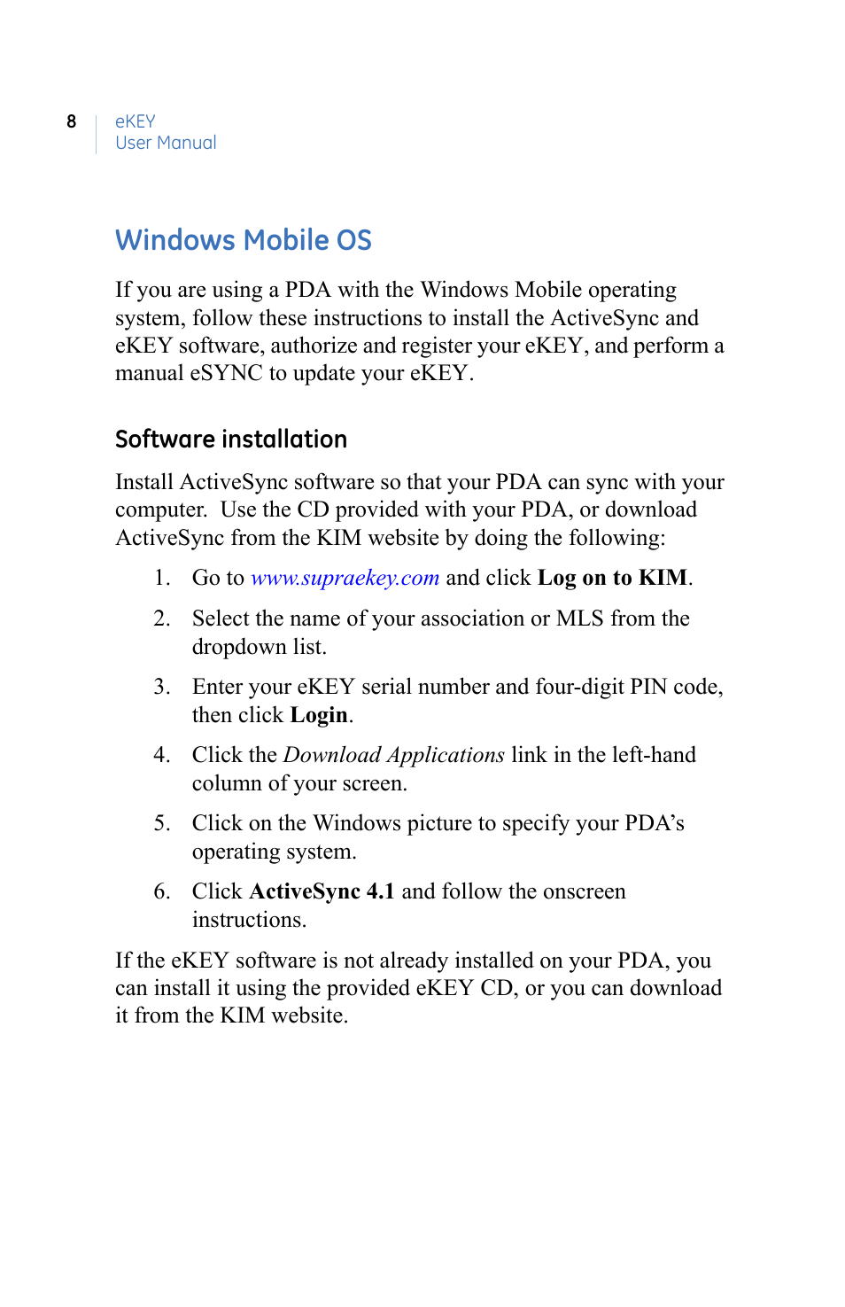 Windows mobile os | GE eKEY User Manual | Page 16 / 82