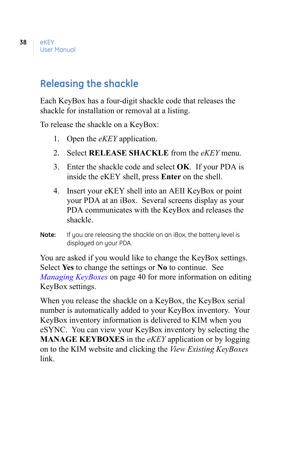 Releasing the shackle | GE eKEY User Manual | Page 46 / 82