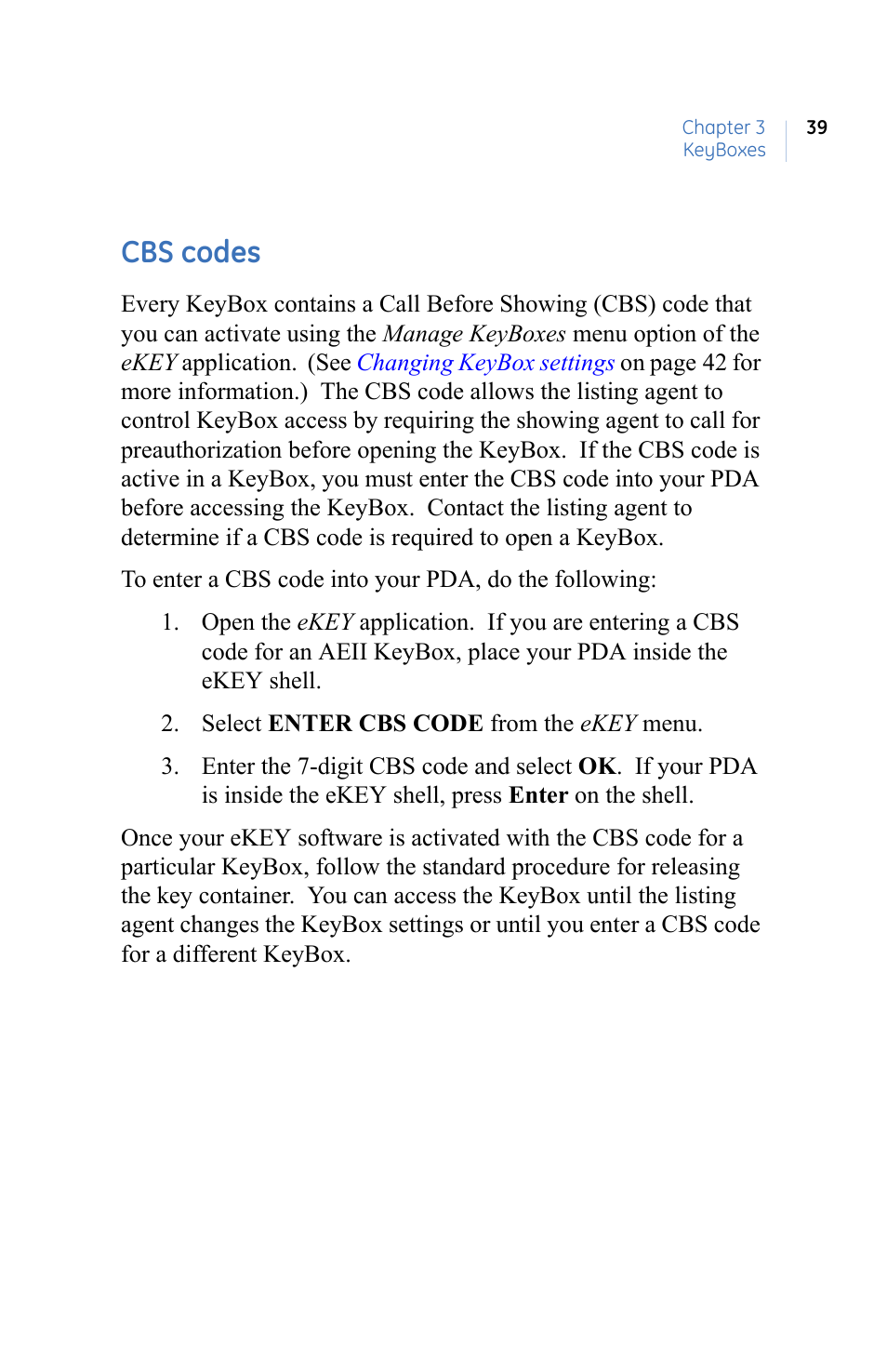 Cbs codes | GE eKEY User Manual | Page 47 / 82