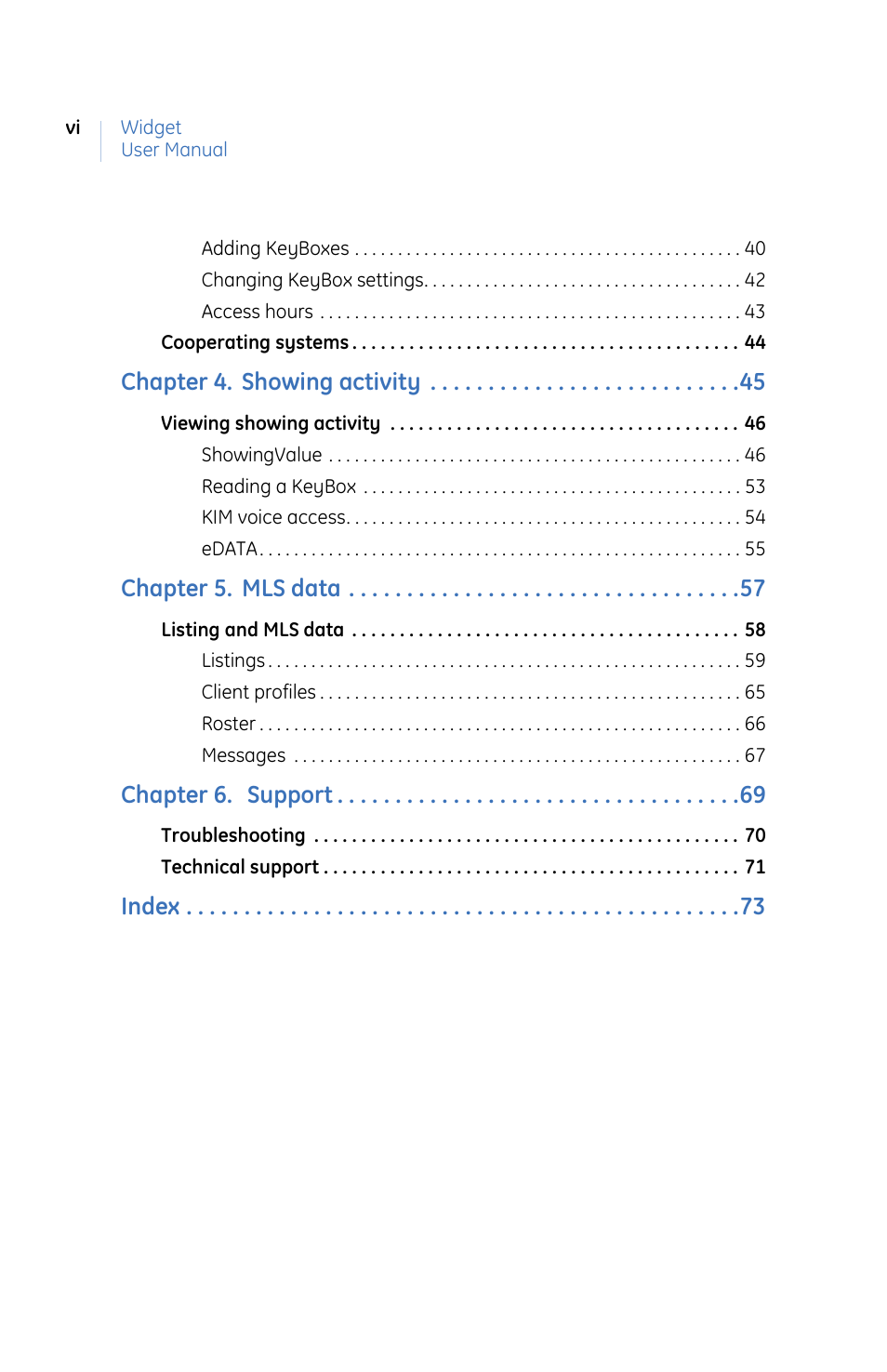 Chapter 4. showing activity, Chapter 5. mls data, Chapter 6. support | Index | GE eKEY User Manual | Page 6 / 82