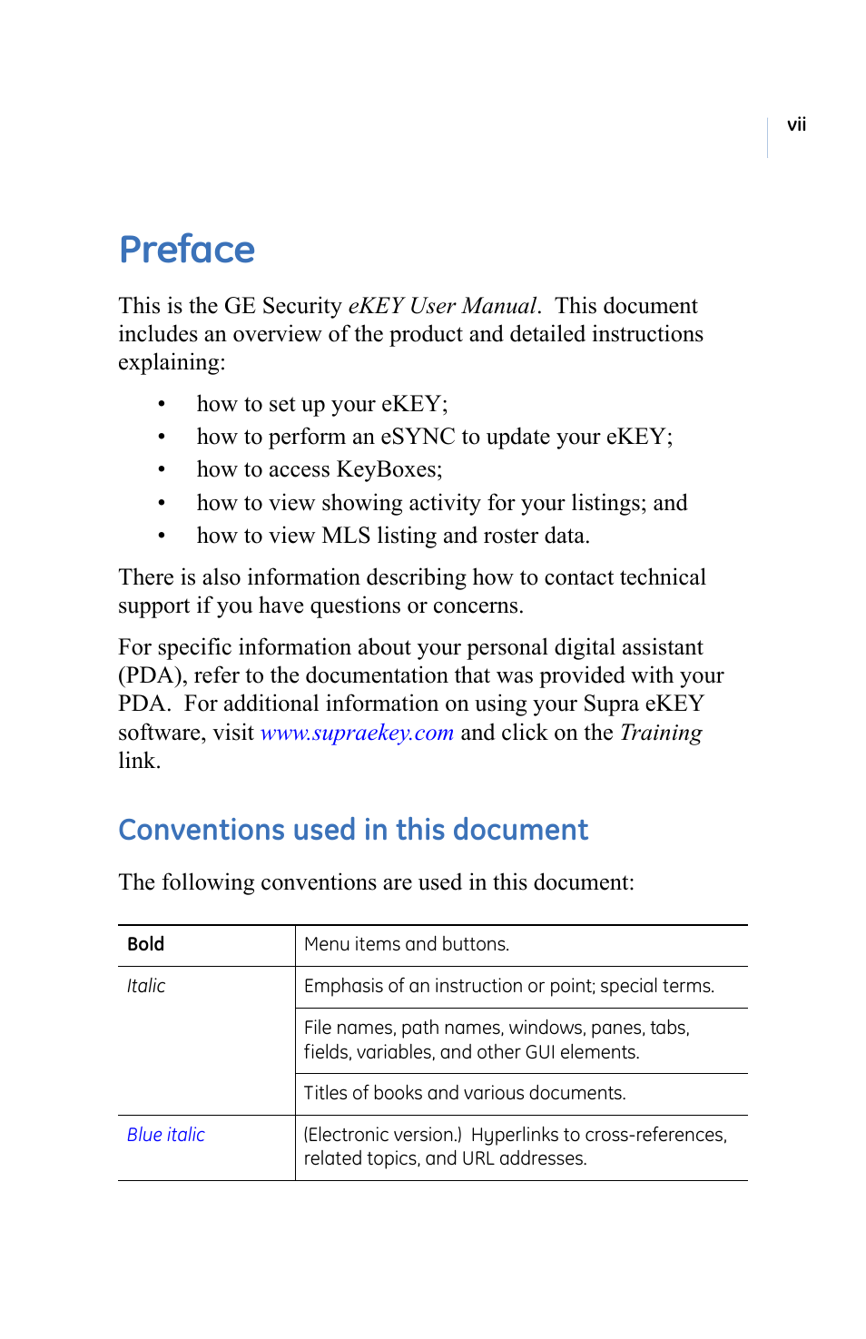 Preface, Conventions used in this document | GE eKEY User Manual | Page 7 / 82