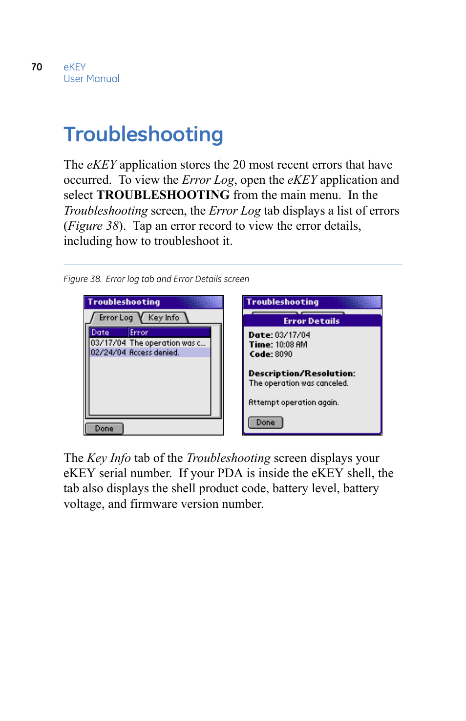 Troubleshooting | GE eKEY User Manual | Page 78 / 82