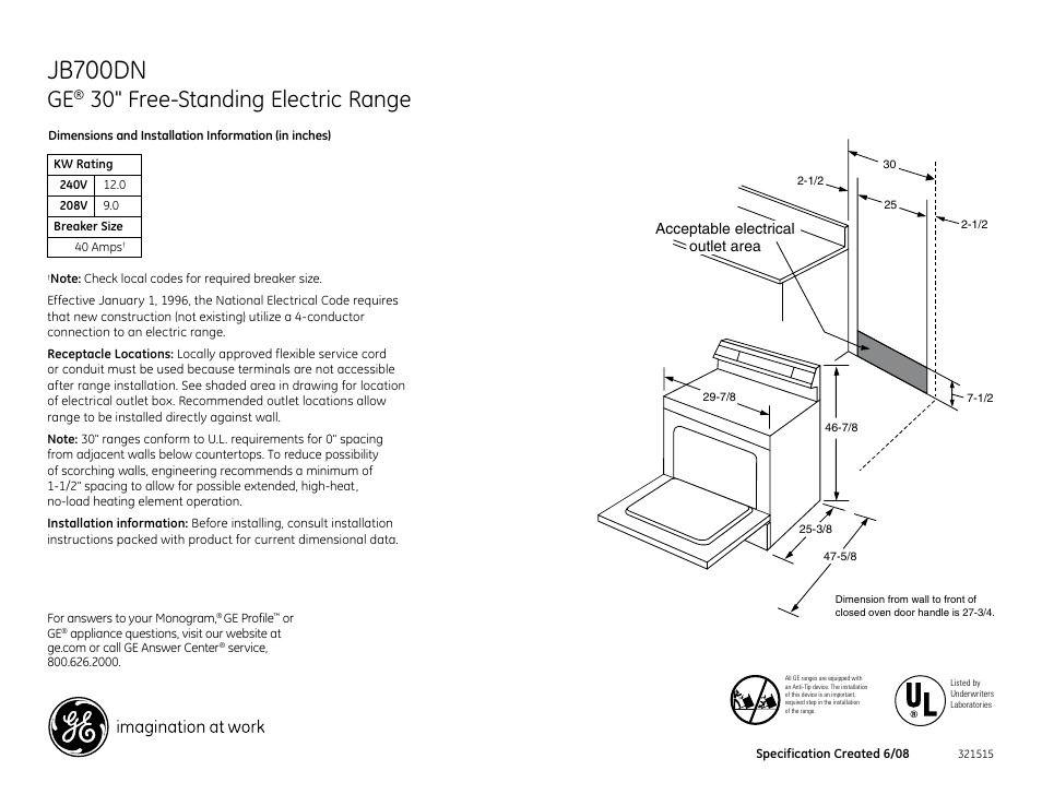 GE Profile JB700DNBB User Manual | 2 pages