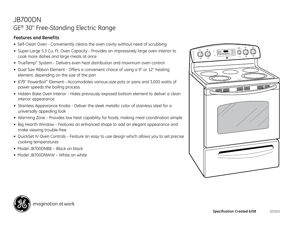 Jb700dn, 30" free-standing electric range | GE Profile JB700DNBB User Manual | Page 2 / 2