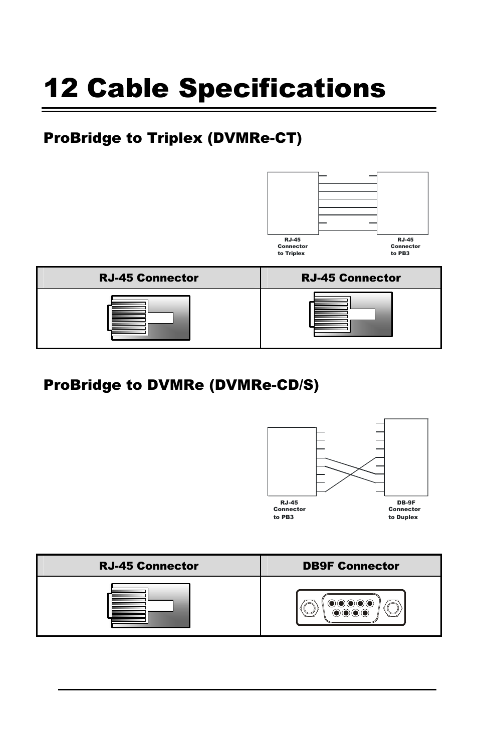 12 cable specifications, Probridge to triplex (dvmre-ct), Probridge to dvmre (dvmre-cd/s) | Rj-45 connector, Rj-45 connector db9f connector | GE Calibur CBR-PB3-WD User Manual | Page 33 / 37