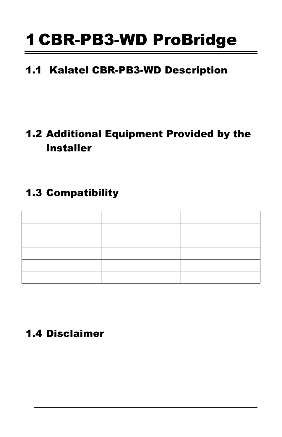 1 cbr-pb3-wd probridge, 1 kalatel cbr-pb3-wd description, 2 additional equipment provided by the installer | 3 compatibility, 4 disclaimer | GE Calibur CBR-PB3-WD User Manual | Page 5 / 37