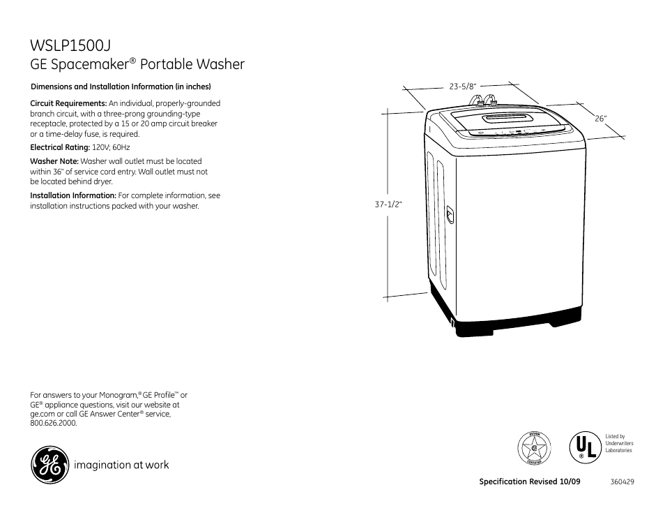 GE Spacemaker WSLP1500 User Manual | 3 pages