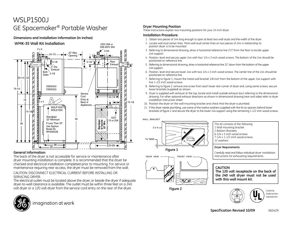 Wslp1500j, Ge spacemaker, Portable washer | Wmk-35 wall kit installation | GE Spacemaker WSLP1500 User Manual | Page 2 / 3