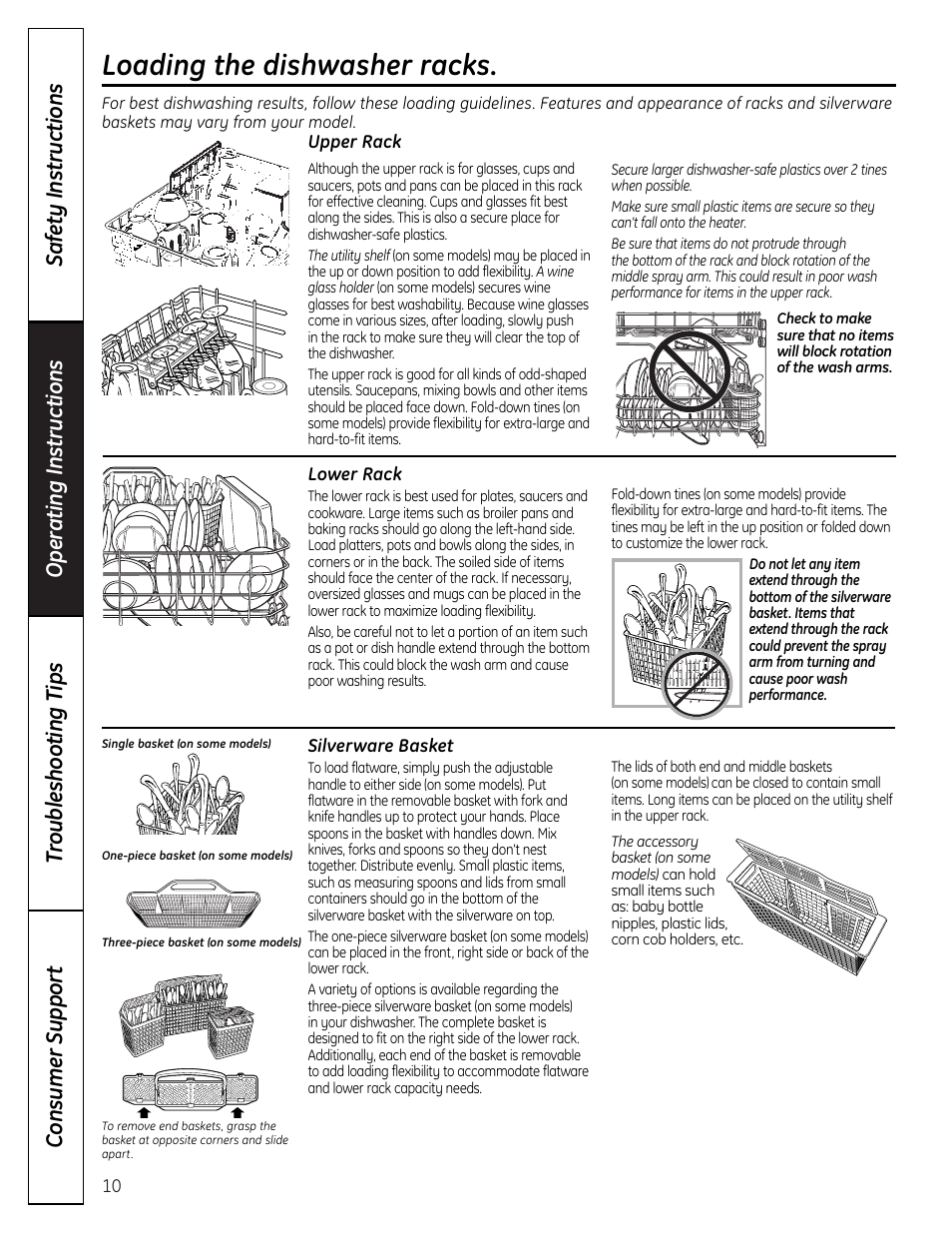Loading the racks, Loading the dishwasher racks | GE EDW4000 User Manual | Page 10 / 16
